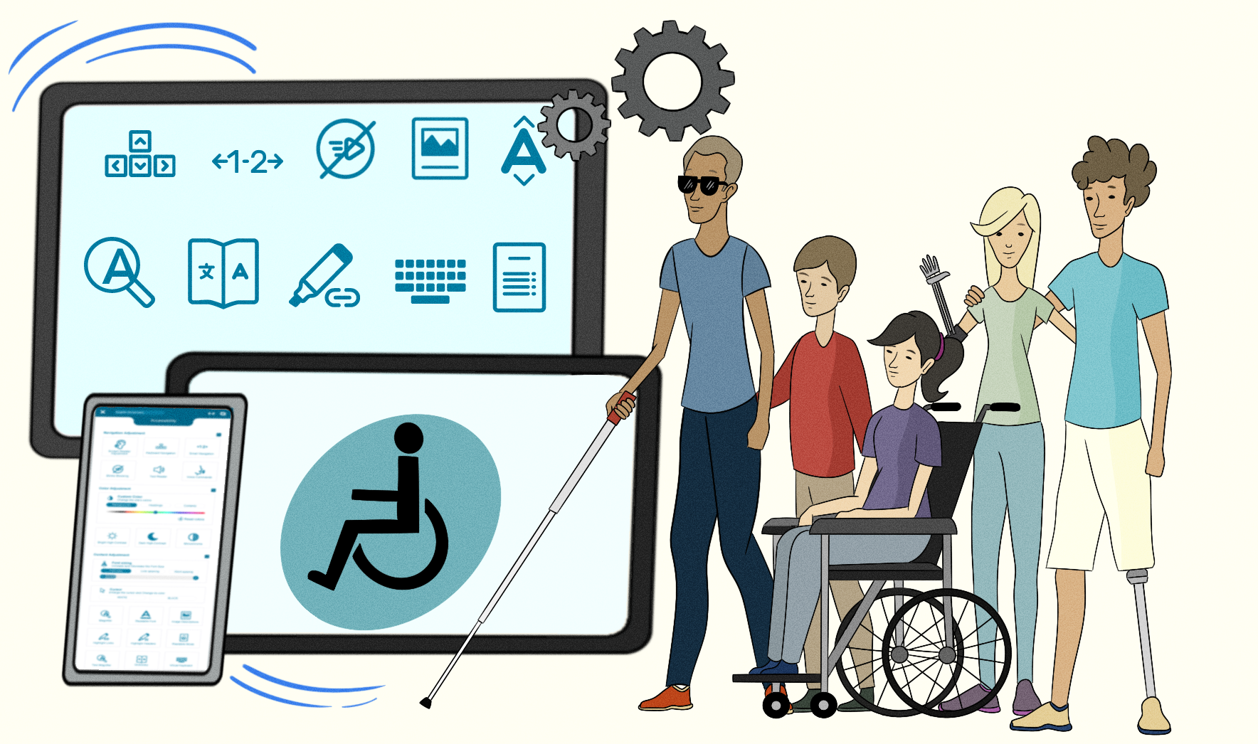 Drawing of people with disabilities alongside digital devices