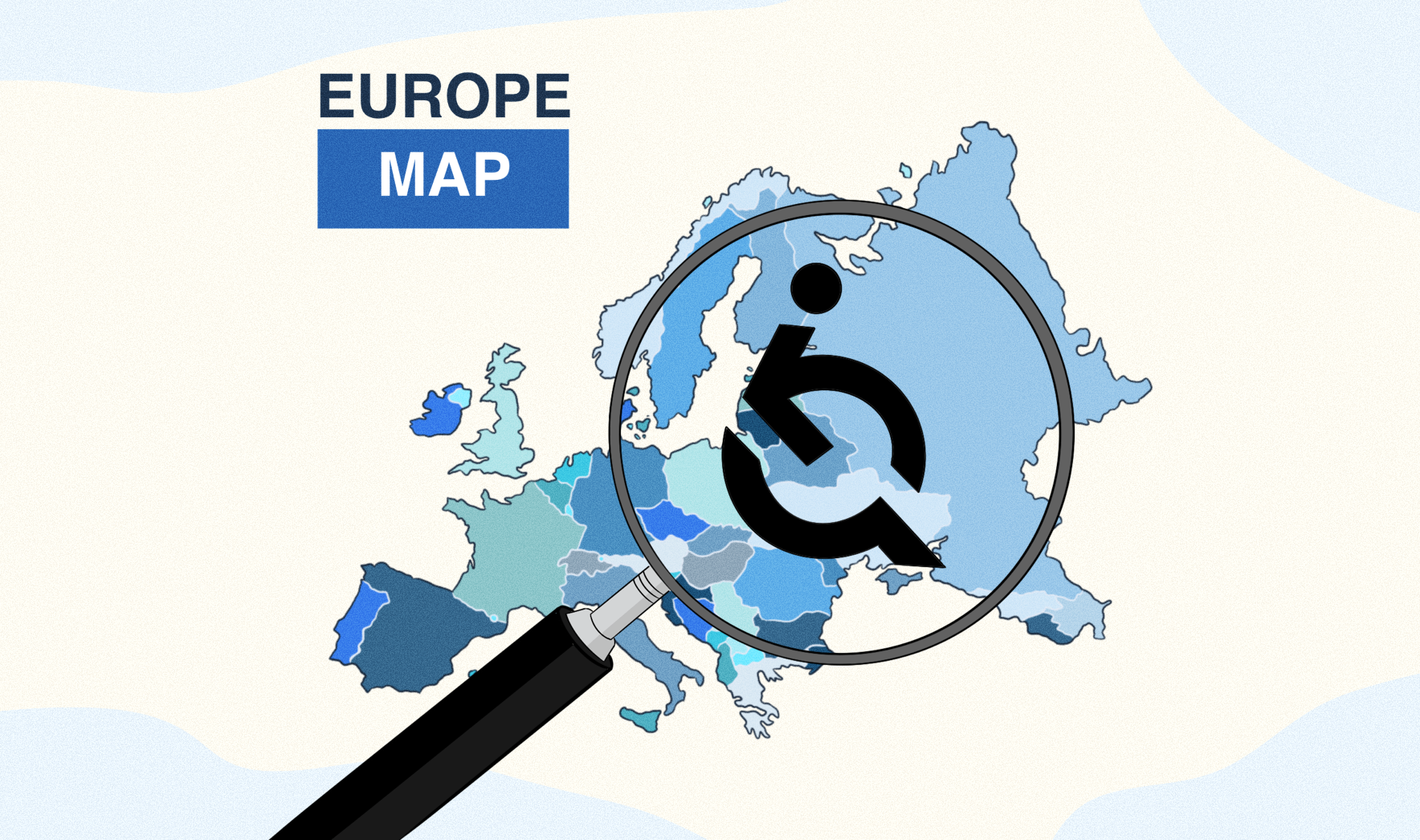 Map of Europe with disability icon and magnifying glass displayed over it